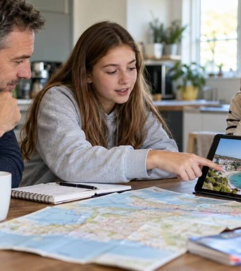 A teenager discussing holiday ideas with her parents at a kitchen table.
